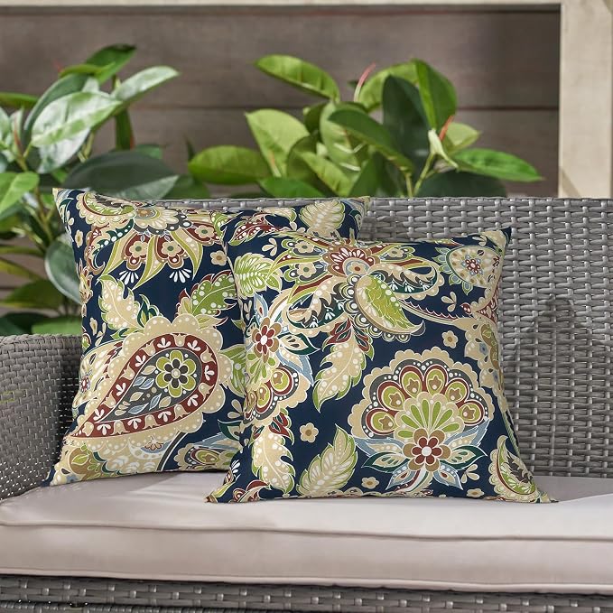 LVTXIII 2 Pack Outdoor Throw Pillow Covers for Patio Furniture, 16x16 Inch Square Pillow Case, Water-Repellent Cushion Covers for Garden, Porch, Sofa, Paisley Bloom
