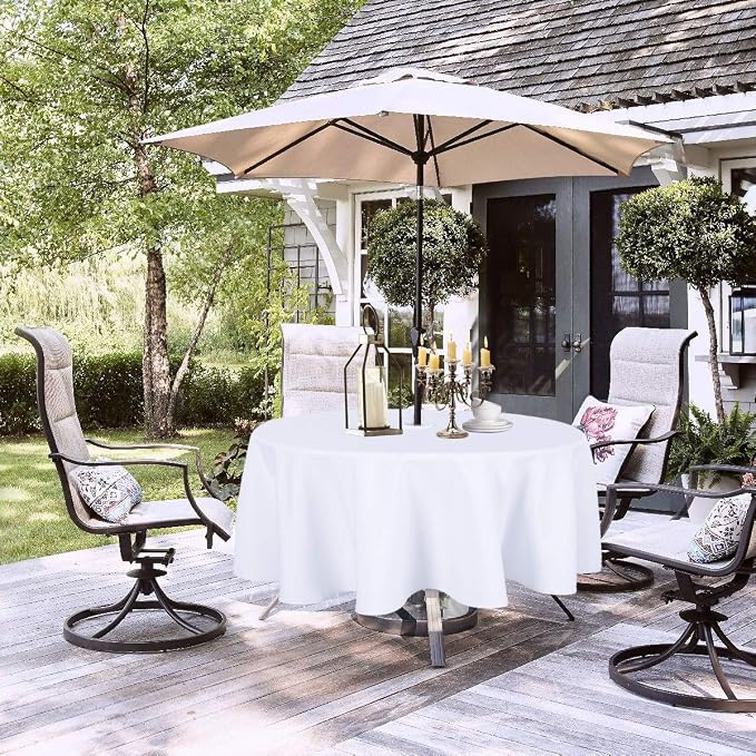 LUSHVIDA Round Outdoor Tablecloth with Umbrella Hole and Zipper, 70 Inch White, Washable Waterproof Table Cloth Spill Proof Wrinkle Free Table Cover for Patio Spring Summer Picnic BBQS