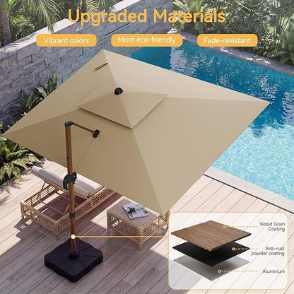 10x13 FT Wood Pattern Patio Umbrella, Large Deluxe Cantilever Rectangular Double Top Heavy Duty Offset Umbrellas with 360° Rotation, Outdoor shade for Garden Deck Pool Patio, Tan