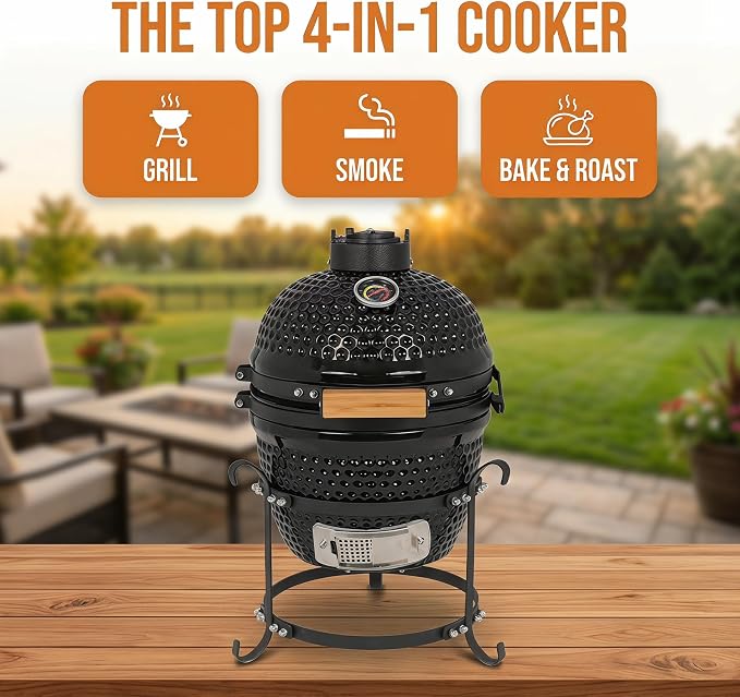 Ceramic Charcoal Grill, 13 Inch Kamado BBQ Grill for Outdoor Cooking, Heavy Duty Ceramic Smoker and Roaster with Superior Heat Retention, Fuel Efficient Outdoor Grill, Black