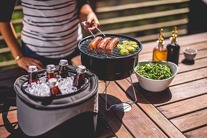 PICNIC TIME Caliente Portable Charcoal Grill & Cooler Tote, Take Anywhere BBQ Grill with Enameled Fire Bowl and Carrying Tote that Doubles as Cooler for Outdoor Cooking Use, (Black with Gray Accents)