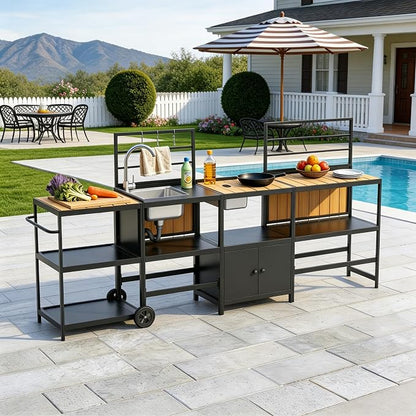 LEVELEVE Modular Outdoor Kitchen Island 4-Piece Set, Aluminum Outdoor Kitchen Cabinets Prep Station with Sink, Storage Cabinets & Shelves for Patio, Backyard & Deck
