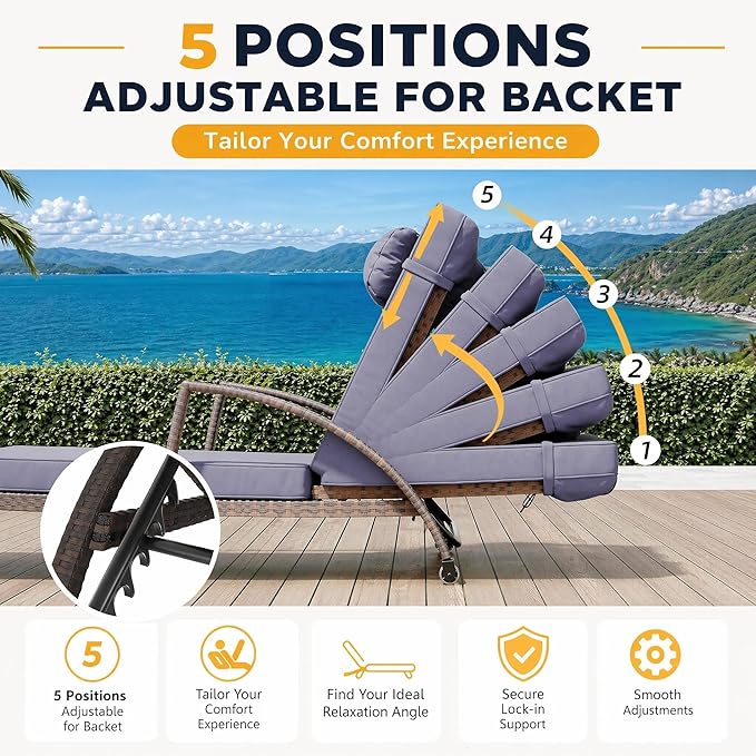 Garvee Outdoor Chaise Lounge Chairs Set of 2, PE Rattan Wicker Patio Lounge Chairs with 5-Position Adjustable Backrest, 3.5" Cushions & Wheels, 380 lbs Capacity Heavy Duty Pool Lounge Chair,Blue