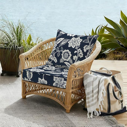 DYTXIII Outdoor Deep Seat Cushion Set, Water Repellent 22"x22" Patio Thick Cushions Replacement with Seat & Back Pillow for Patio Sofa, Wicker Chair, Couch - Vines Navy