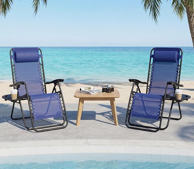 Chaise Lounge Chair Outdoor Set of 2, Oversized Zero Gravity Chair, Blue | Foldable Lounge Chair with Cup Holder, Lawn Chairs Adjustable with Side Table Headrest, Portable Camping Chair for Outdoor