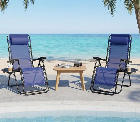 Chaise Lounge Chair Outdoor Set of 2, Oversized Zero Gravity Chair, Blue | Foldable Lounge Chair with Cup Holder, Lawn Chairs Adjustable with Side Table Headrest, Portable Camping Chair for Outdoor