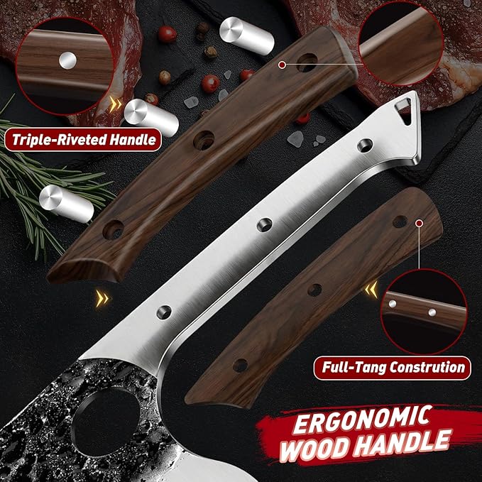 MDHAND Butcher Knife Set, 12PCS Hand Forged Serbian Chef Knife Set with Bag, High Carbon Steel Full Tang Kitchen Knives Set, Meat Cleaver & Boning Knife for Brisket Trimming BBQ Camping, Gift for Men