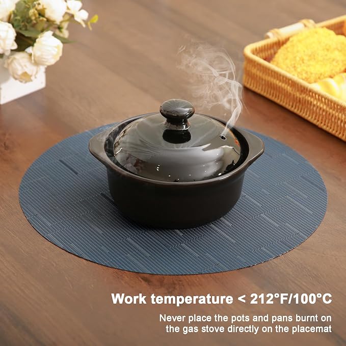 15 Inch Round Placemats Set of 4, Washable Vinyl Woven Place Mats | Heat Resistant Non-Slip Braided Table Mats for Dining Table Kitchen Indoor & Outdoor Use (Black Dark Blue, Set of 4)