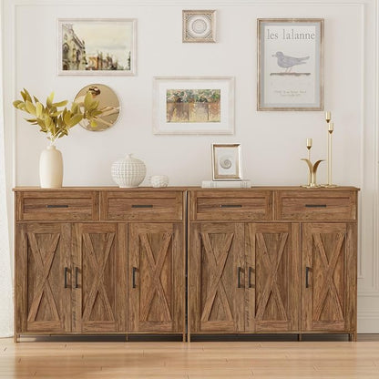 Homhedy Coffee Bar Storage Cabinet with Drawers, Kitchen Buffet Cabinet | Sideboard Cabinet with Doors, Farmhouse Buffet Cabinet, Adjustable Shelves, for Kitchen / Dining / Living Room, Rustic Walnut