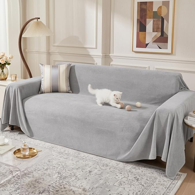 MEETSKY Sectional Couch Cover Washable, Oversized Sofa Cover for 3 Cushion Couch Sofa, Cat Scratch Proof Furniture Protector Covers Soft L Shape Sofa Covers for Dogs, 91" x 150", Light Grey