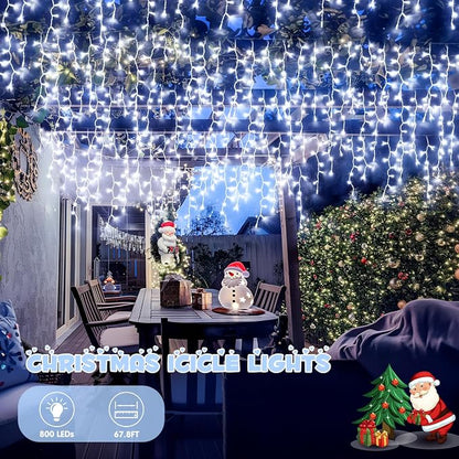 JMEXSUSS Christmas Icicle Lights for Outside, 800 LED White | Icicle Lights Plug in Outdoor Waterproof, Christmas String Lights for House Wedding Party Christmas Decorations