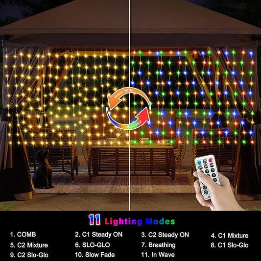 ZAIYW 20Ftx3Ft Curtain Lights Outdoor LED Fence Lights with Remote Timer | Dual Color Curtain Fairy Light Connectable Plug in Christmas Lights for Stair Fence Eaves Xmas Decor, Warm White & Multicolor