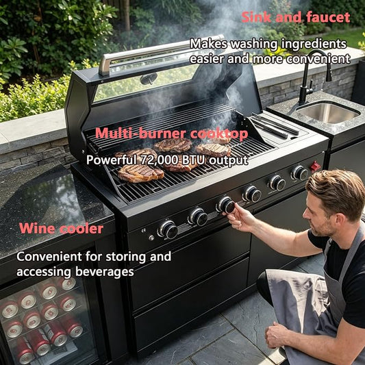 Propane Gas Outdoor Kitchen Island Grill, 4-Burner Stainless Steel Modular Outdoor Kitchen, with Refrigerator and Sink, Mobile BBQ Cooking Station for Backyard Patio