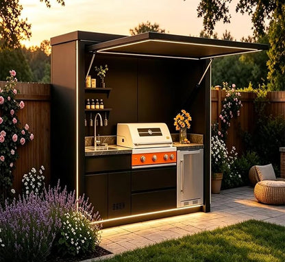 Modular Outdoor Kitchen Island with Grill, Refrigerator & Sink, BBQ Station with Prep Counter, Storage Drawers & Side Burner – Modular Outdoor Kitchen Pod for Small Patio, Balcony, Courtyard