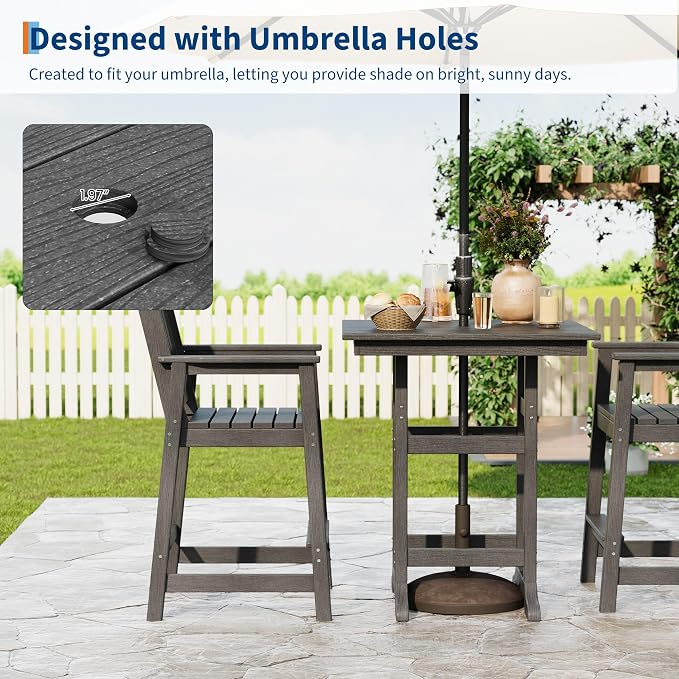 Garvee Outdoor Patio Bar Table for 2-4, All-Weather HDPE Bar Height Table with Umbrella Hole and Spacious Tabletop for Outside,Poolside, Backyard