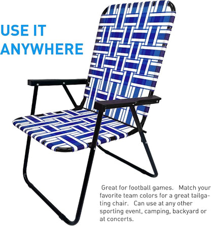 Lawn Chair Folding Steel Webbing Chaise Patio Lounger Seat Wood Handles Great for Camping, Beach, Fishing, Backyard, Stadium, Pool, Boating, and Sports 2 Pack Blue