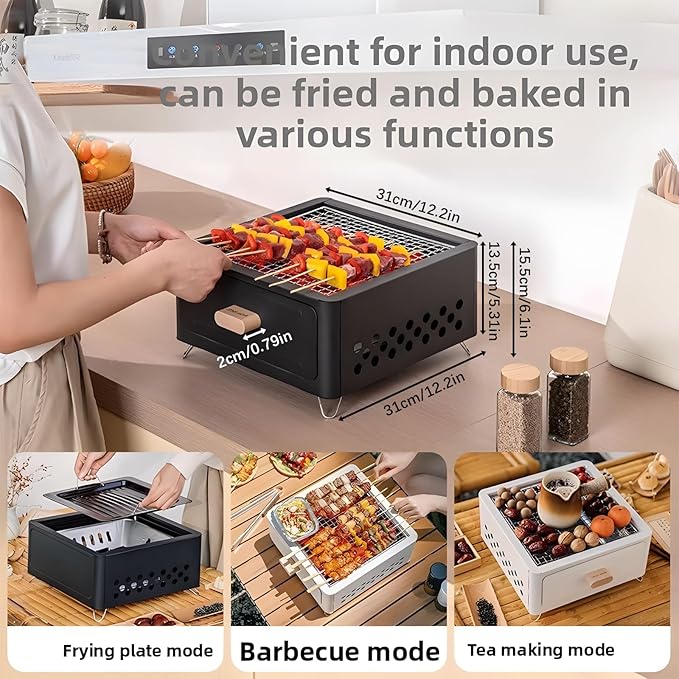 Desktop Charcoal Grill, Charcoals Grills Barbecue Grill Portable BBQ Charcoal Grill for Outdoor Cooking Camping Hiking Picnics Backpacking, Saving Space Grills (White+Frying Pan)