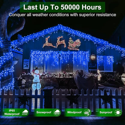 1296 LED 131FT Christmas Icicle Lights, 288 Drops, Twinkle Lights, 8 Modes | Blue icicle string lights with timer and weather-resistant construction for rooflines, wide eaves, storefronts and events.