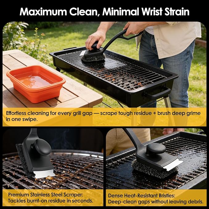 Bristle-Free Silicone BBQ Grill Brush - No Wire Risk, Fast Burnt Grease Removal - 3 Detachable Heads, 2 Extra Replacements, Collapsible Water Cup & Scraper for Gas, Charcoal, Cast Iron Grates
