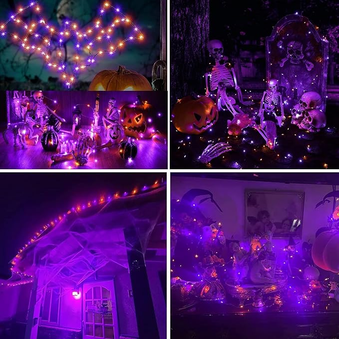Joomer Orange Purple Halloween Solar String Lights,2 Pack Total 80FT 240LED | Solar Fairy Lights, Waterproof Outdoor Twinkle Lights with 8 Modes for Garden, Porch, Trees, Halloween Decor (Black Wire)