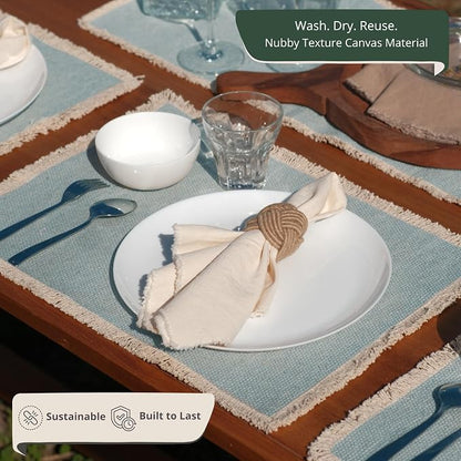 Hausattire Cotton Frayed Placemats Set of 4 Dining Table 13x19 Inch | Rustic Vintage Boho Washable Easter Placemat for Outdoor Parties BBQ's Wedding,Special Occasions, Nubby Cotton - Blue