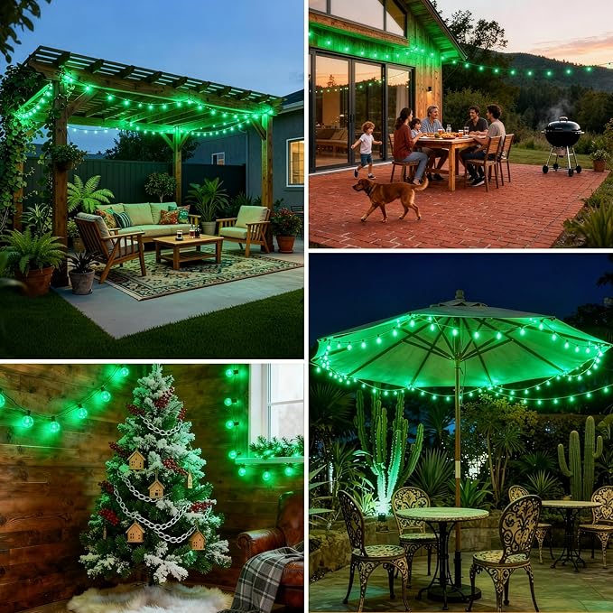 50 FT Green Outdoor String Lights G40 Globe Shatterproof Patio Lights,26 Plastic Edison Bulbs(2 Spare) IP65 Waterproof Dimmable LED Bulbs for Backyard Porch Balcony Party Decor, E12 Base