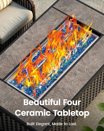 Ciays 43″ Fire Pit Table, with Ceramic Tabletop for Outside Patio & Party | Premium Ceramic Tabletop; Includes Glass Wind Guard & Lid & Glass Rocks; 50,000 BTU Heat; CSA Certified