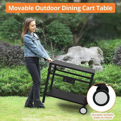 Dining Cart,Outdoor Grill Cart with Double-Shelf,with 4 Hooks, Side Handle,Wheels,Cooking Table for Outdoors, Kitchen or Backyard Patio, Movable BBQ Trolley,Multifunctional and Commercial (Black)