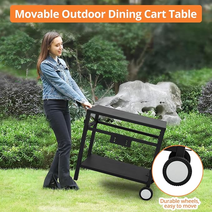 Garvee Grill Cart, Pizza Oven Stand, BBQ Prep Table with Wheels & Hooks, Side Handle, Double-Shelf Grilling Cart Tabletop Griddle Cooking Station for Bar, Patio, Camping, Home (Black)