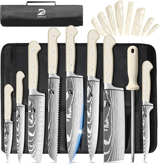 Dfito Chef Knife Set with Roll Bag, 9PCS Professional Knife Set with Sharpener, High Carbon Stainless Steel Kitchen Knife Set with Anti-Slip Ergonomic Handle for Camping, Travel, BBQ, RV or Gift Beige
