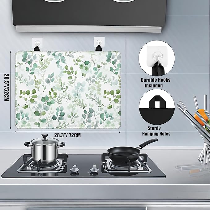 Electric Stove Top Cover,Eucalyptus Leaves Stove Cover for Glass Top Electric Stove,Watercolor Green Leaf Heat Resistant Flat Top Stove Mat Countertop Protector, 28 x 20 Inch