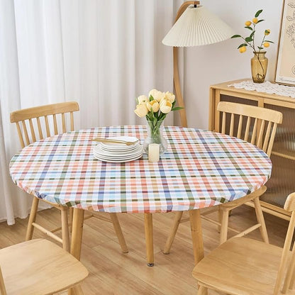 LIBERECOO Round Vinyl Fitted Tablecloth with Flannel Backing Elastic Edge Table Cover Waterproof Stain-Resistant Wipeable Tablecloths Fits 40-44 Inch Round Tables