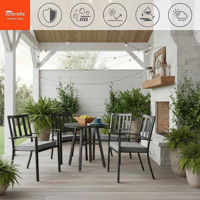 Indoor/Outdoor Chair Pads in Sunbrella Fabric – 17''x17'' Patio Seat Cushions with Foam Insert, Removable Reversible Cover & Ties for Patio Dining Chairs – Set of 2 or 4, Cast Slate