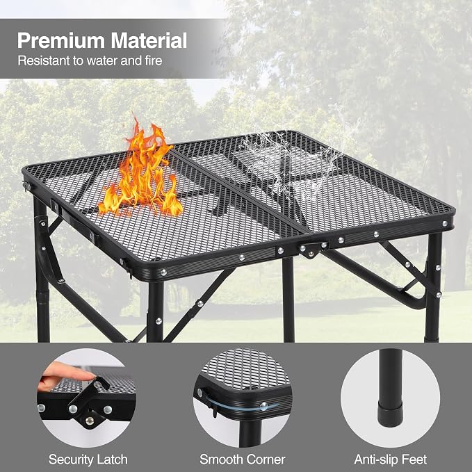 Portable Grill Table for Outside, Aluminum Square Folding Grill Stand Table for Outdoor Camping Picnic BBQ, Lightweight Adjustable Height, 24"x24", Black