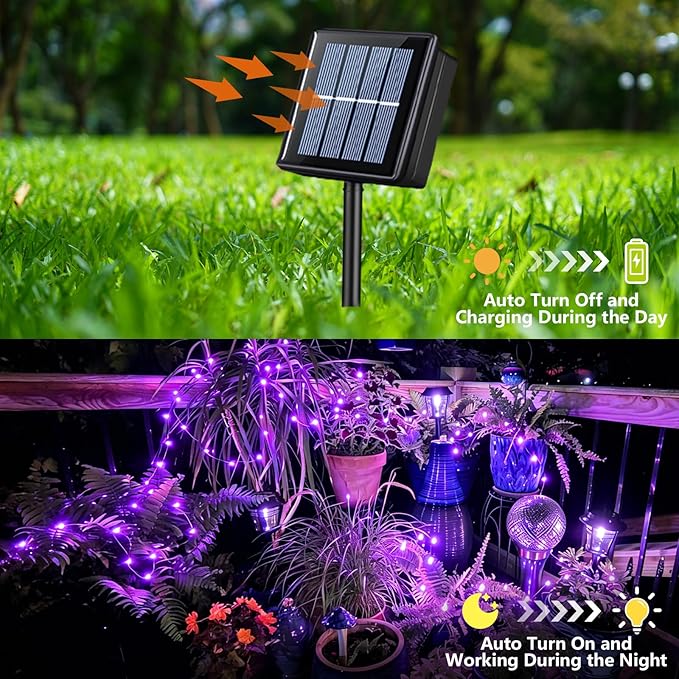 YEGUO 4 Pack Purple Solar Fairy Lights, Each 33ft 100 LED Christmas Lights Outdoor Waterproof, 8 Modes Sliver Wire Solar String Lights