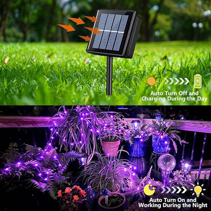YEGUO 4 Pack Purple Solar Fairy Lights, Each 33ft 100 LED Christmas Lights Outdoor Waterproof, 8 Modes Sliver Wire Solar String Lights