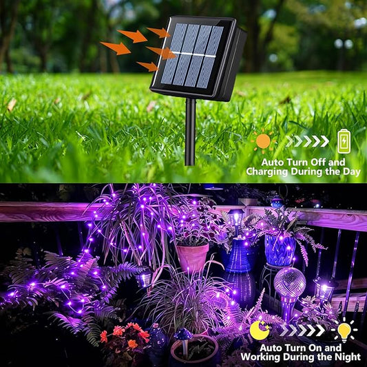 YEGUO 4 Pack Purple Solar Fairy Lights, Each 33ft 100 LED Christmas Lights Outdoor Waterproof, 8 Modes Sliver Wire Solar String Lights