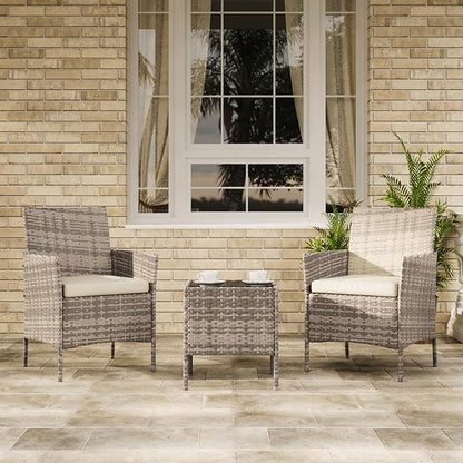 3-Piece Outdoor Furniture Set, PE Rattan Wicker Chairs with Soft Cushions & Tempered Glass Coffee Table - All-Weather Patio Set for Garden, Backyard, Porch, Poolside (Grey/Beige)