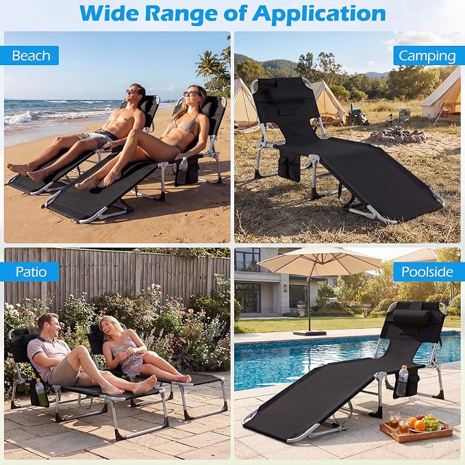 GYMAX Tanning Chair, Folding Lounger with Face/Arm Holes, Carry Handles & Side Pocket, Portable Lightweight Layout Beach Chair for Outdoor/Indoor, Face Down Sun Lounger (1, Black)