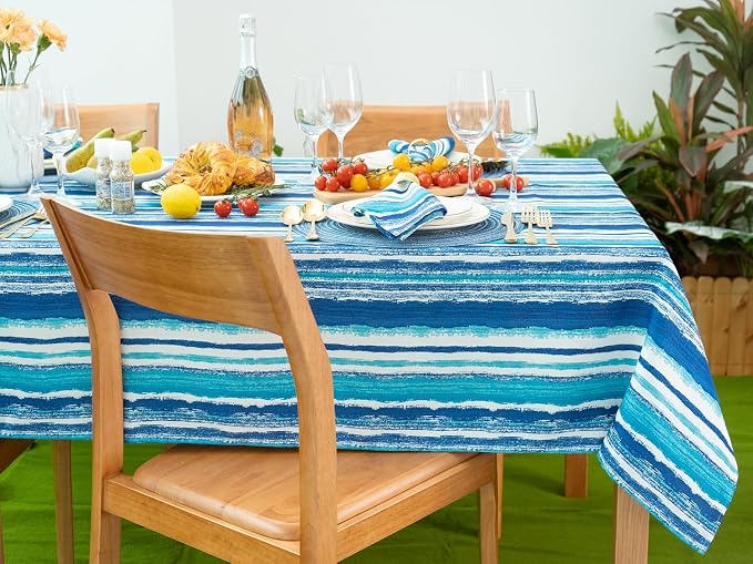 YiHomer Indoor Outdoor Tabletop for Spring Summer Decorations, Picnics and Dinner Parties - Stain and Water Resistant, Crayon Art (Ocean), Zipper Tablecloth, 60 x 120 Rectangle with Umbrella Hole