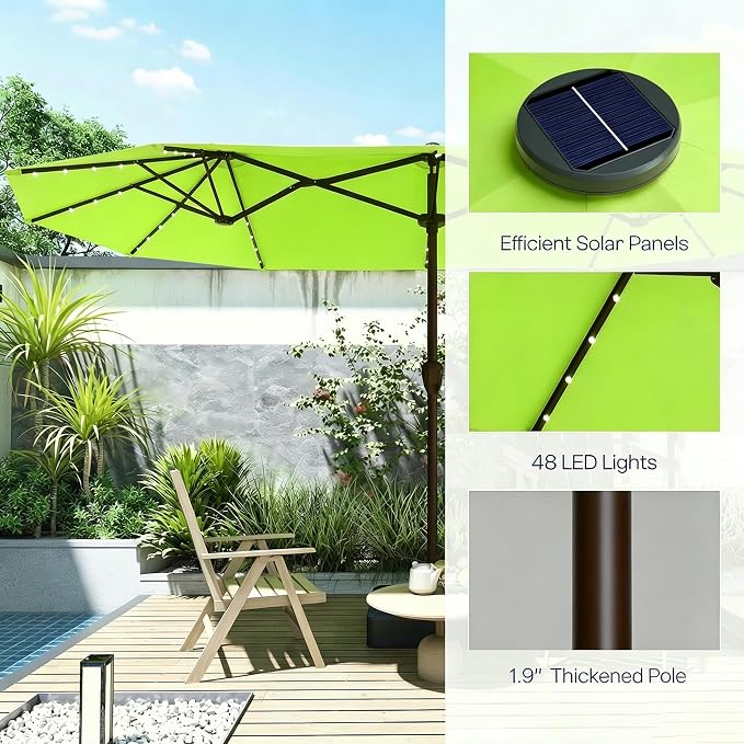 15ft Large Patio Umbrella with Solar Lights and Base, Double-Sided Outdoor Rectangle Umbrella with 48 LED Lights, Market Table Umbrellas with UV Resistant Canopy