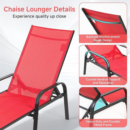 DUMOS Outdoor Lounge Chaise, 5-Position Chaise Lounge with Armrests, Sun Tanning Chair 350 lbs Heavy Duty Patio Pool Chair, Waterproof Sun Lounger for Deck, Backyard, Beach & Poolside, Red