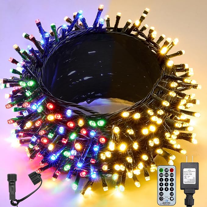 WBao Christmas Lights Indoor Outdoor 300LED 100FT, Color Changing Christmas String Lights with Remote, UL Certified, 11 Modes, Timer, Connectable & Waterproof for Party Decor, Warm White & Multicolor