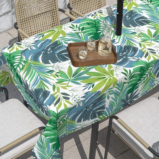 Outdoor Rectangle Tablecloth, 60×84 Inch Water Repellent Picnic Table Cover with Umbrella Hole Zipper for Patio Family Meal, Islamorada Blue Green