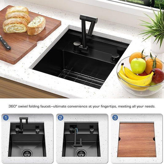 RV Kitchen Sink 13x15 Inch with Foldable Faucet, Nano Black 16 Gauge Stainless Steel Undermount Workstation Sink with Cutting Board Cover, Bottom Grid & Drain Kit