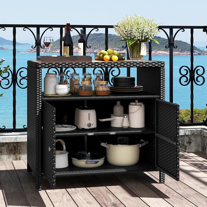 Wicker Outdoor Storage Cabinet, Rattan Patio Bar Table with Acacia Wood Countertop, Open Compartment & 2 Doors, Outdoor Buffet Cabinet Sideboard for Poolside, Garden, Backyard (Black)