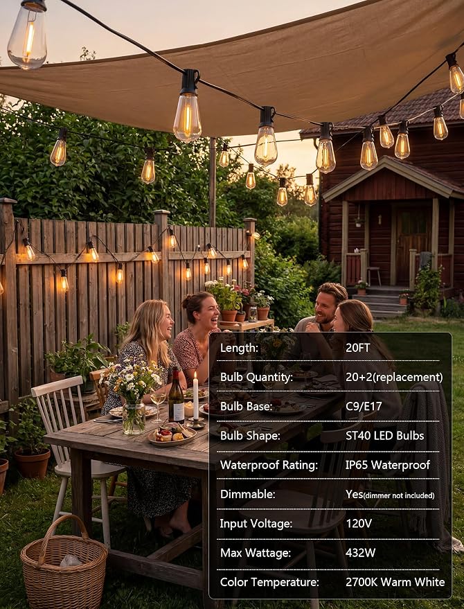 20FT ST40 LED Outdoor String Lights with 22 Shatterproof Vintage Edison Bulbs, Patio String Lights Waterproof for Backyard Porch Garden Balcony Party Bistro Decorations,2700K Warm White, Black Wire
