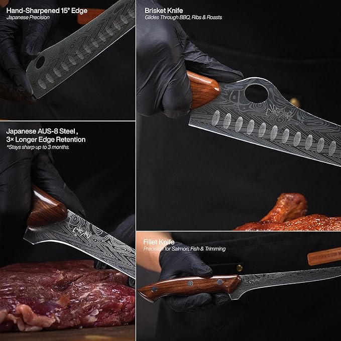 Jikko® SteelFang Edition – Japanese Brisket & Fillet Knife Set with Rosewood Handles | Premium Butcher & Carving Knives for Meat, BBQ, and Fish – Ultra Sharp High-Carbon Stainless Steel Blades