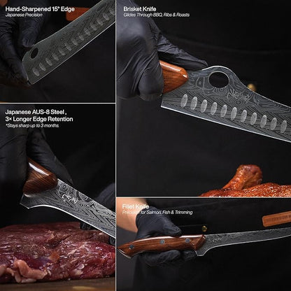 Jikko® SteelFang Edition – Japanese Brisket & Fillet Knife Set with Rosewood Handles | Premium Butcher & Carving Knives for Meat, BBQ, and Fish – Ultra Sharp High-Carbon Stainless Steel Blades