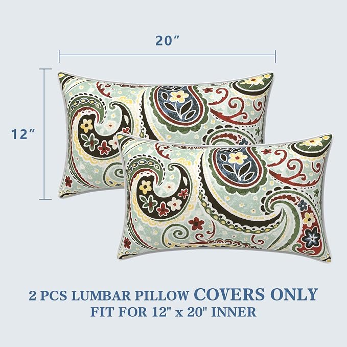 LVTXIII 2 Pack Outdoor Lumbar Pillow Covers 12x20 Inch with Piping, Water-Repellent Back Cushion Covers ONLY for Patio Furniture, Sofa, Garden Bench, Paisley Light Cyan